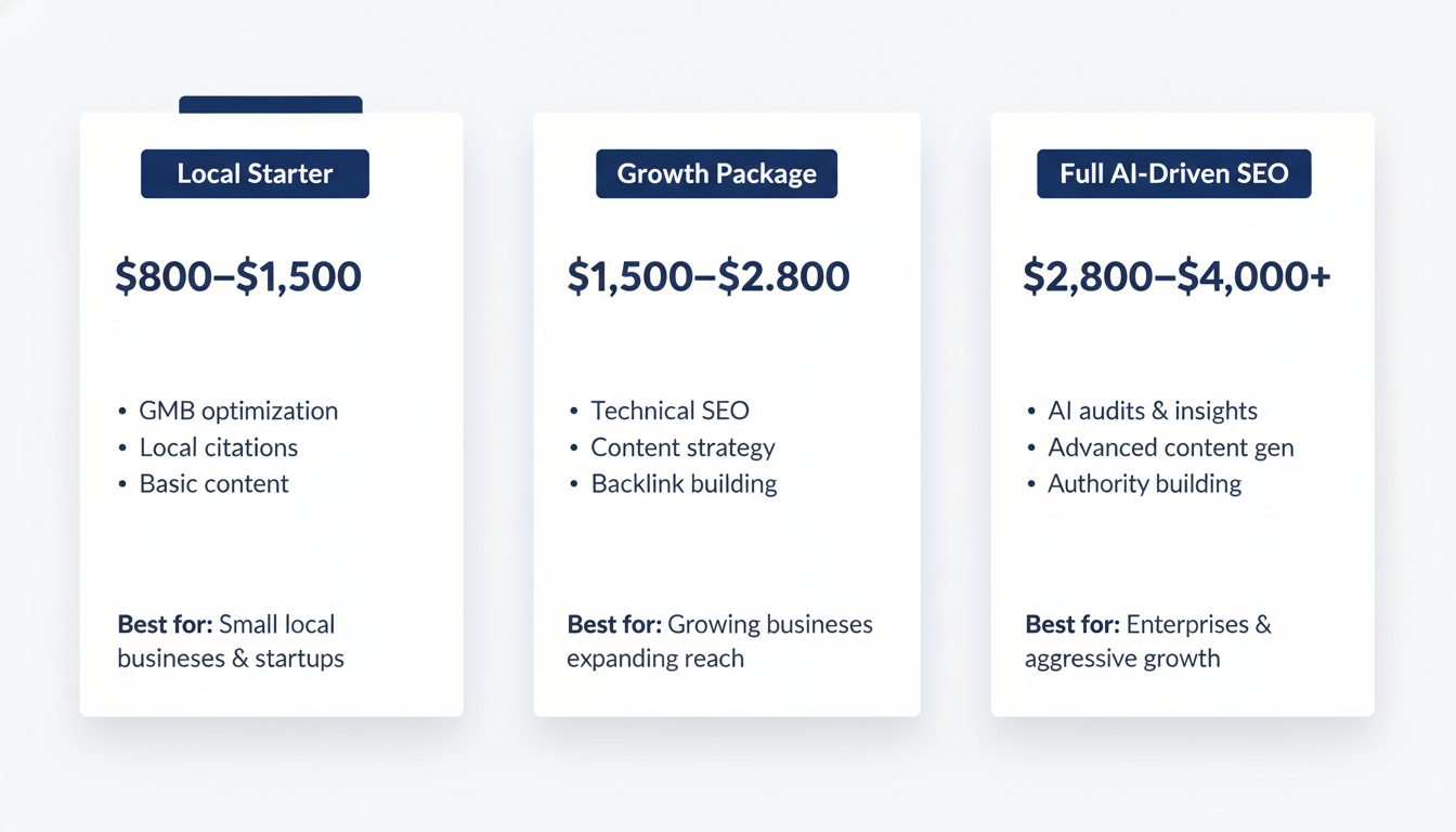 SEO pricing tiers: Local Starter $800-$1500, Growth $1500-$2800, Full AI-Driven $2800-$4000+: Montgomery