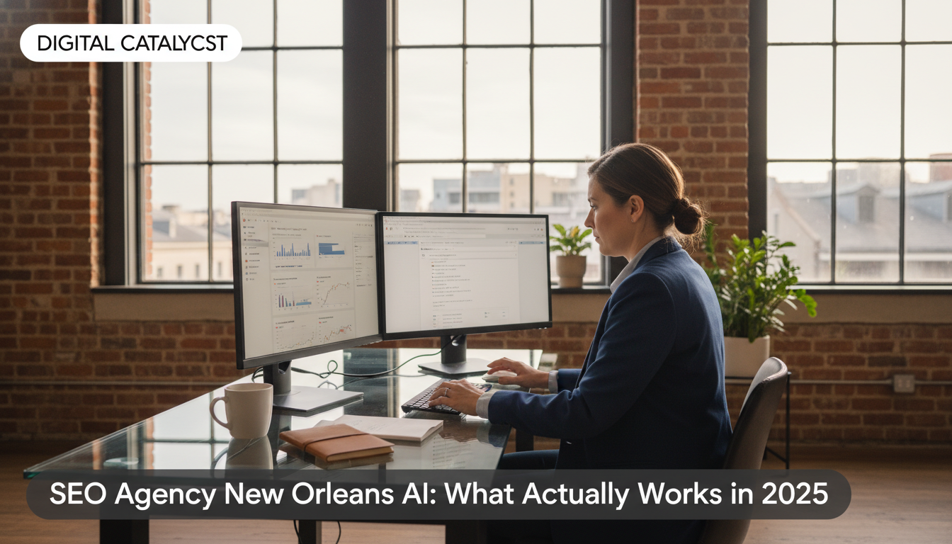 Professional SEO strategist working at modern desktop workspace with analytics dashboards, SEO Hybrid services in New Orleans