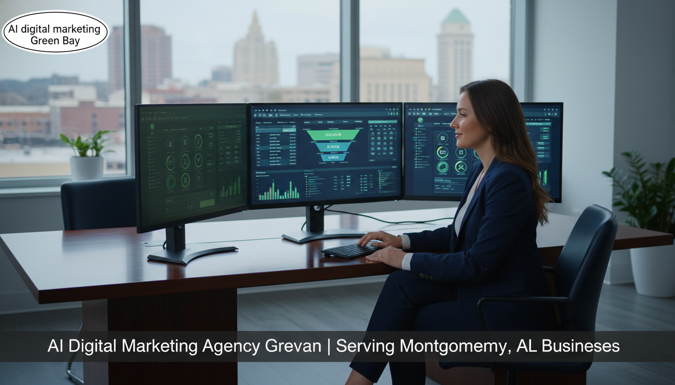 Marketing strategist reviewing AI analytics dashboards in modern Green Bay office for digital marketing agency