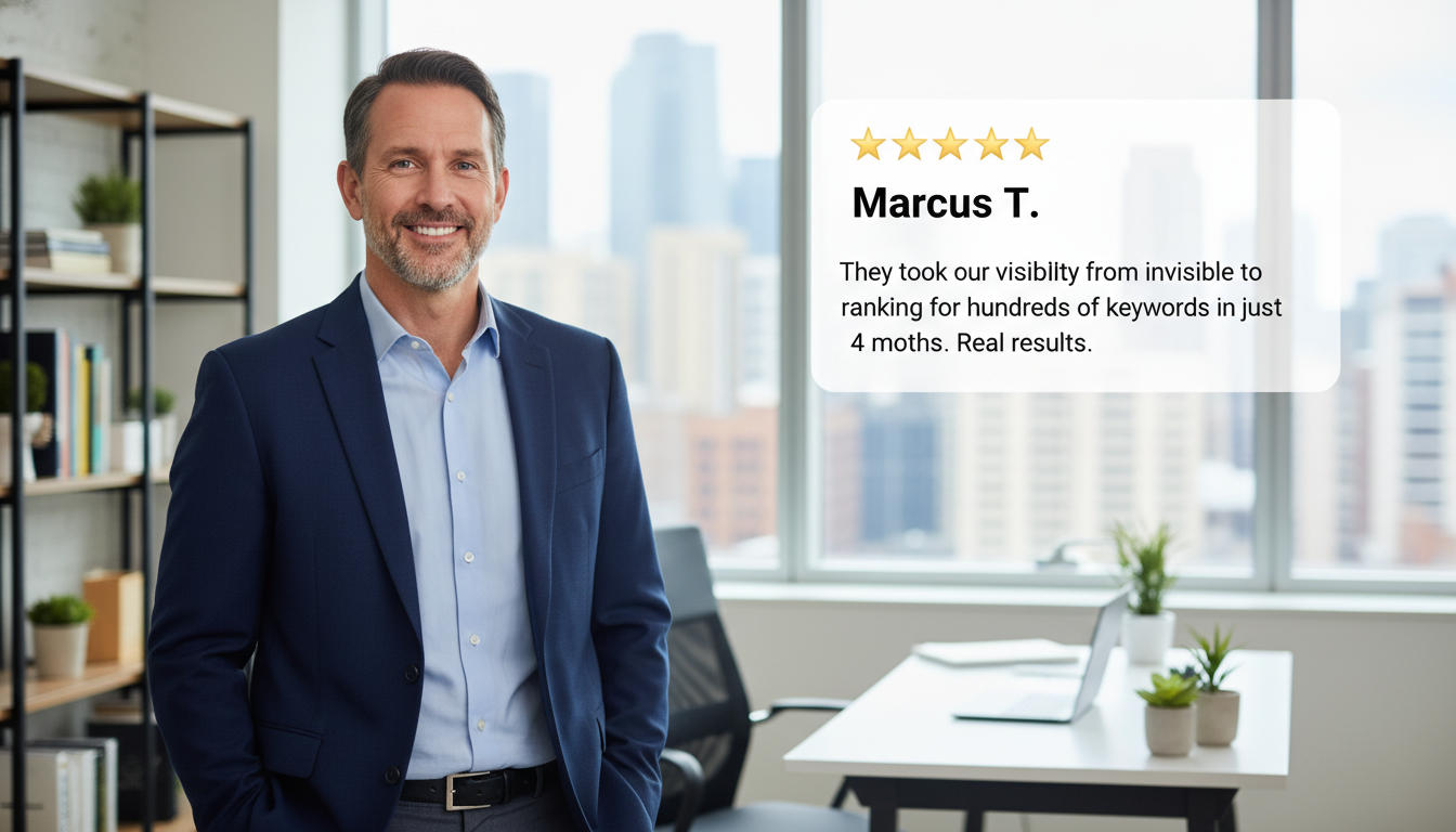 Client testimonial: Marcus T. five-star review of programmatic SEO results, Atlanta service