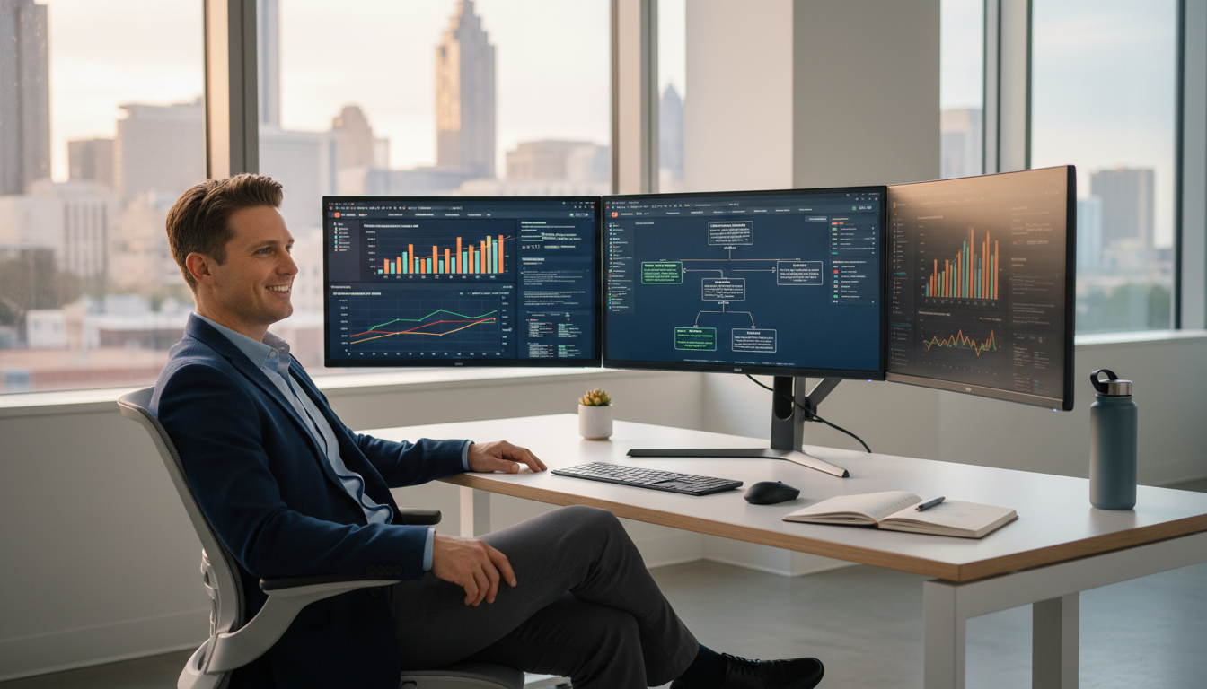 SEO strategist reviewing analytics dashboards at modern office desk, programmatic SEO agency Atlanta
