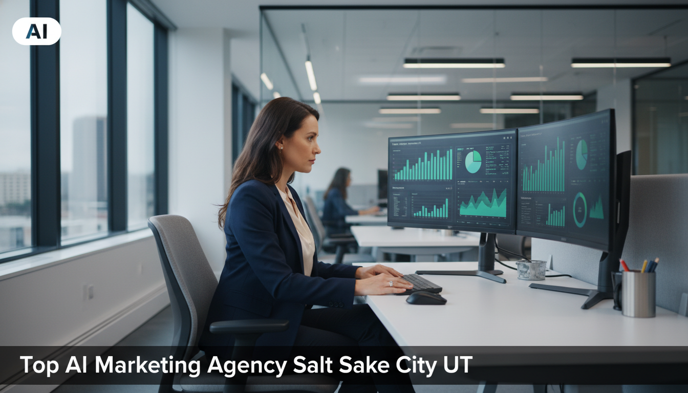 Marketing professional reviewing AI analytics on dual monitors in modern Salt Lake City office - AI marketing services