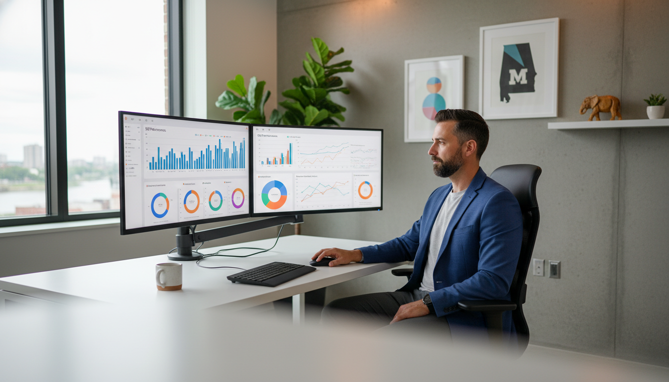 Digital marketing strategist analyzing SEO analytics on dual monitors in modern office, AI SEO Agency Santa Rosa, Santa Rosa AL