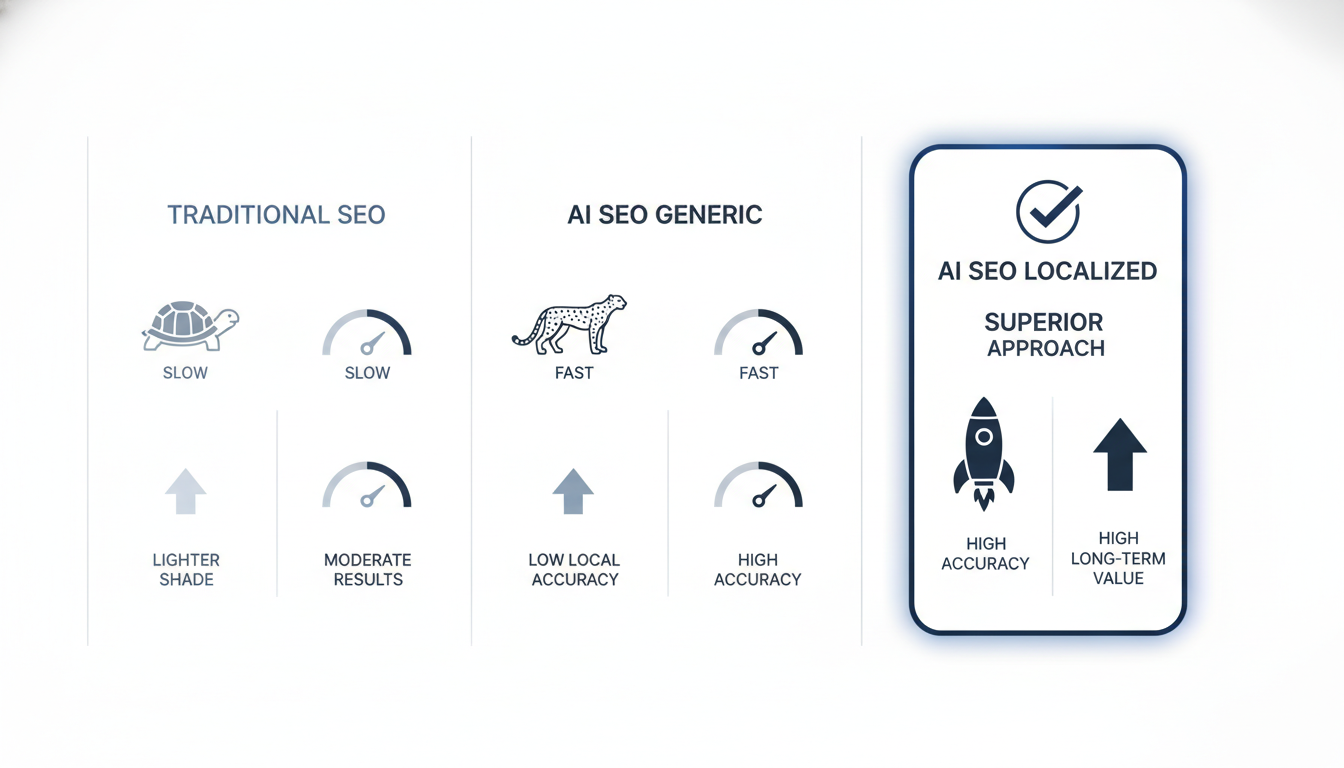 Three-column comparison of Traditional SEO, AI SEO Generic, and AI SEO Localized showing speed and accuracy metrics