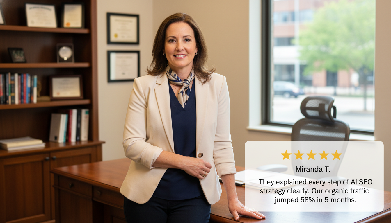 Female business owner in professional office with 5-star review testimonial about 58% organic traffic increase, Montgomery AL
