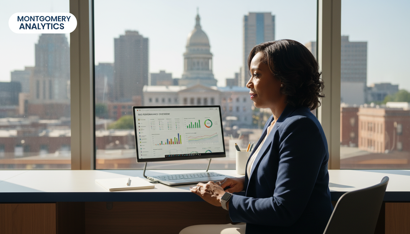 Business owner reviewing GEO analytics dashboard in modern Modesto office overlooking downtown skyline