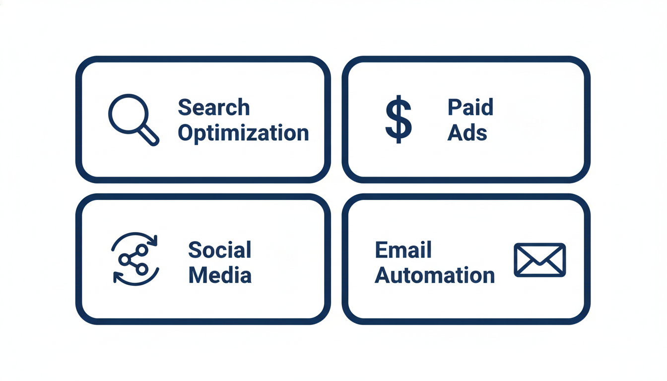 Infographic showing four digital marketing channels benefiting from AI: search, paid ads, social media, email