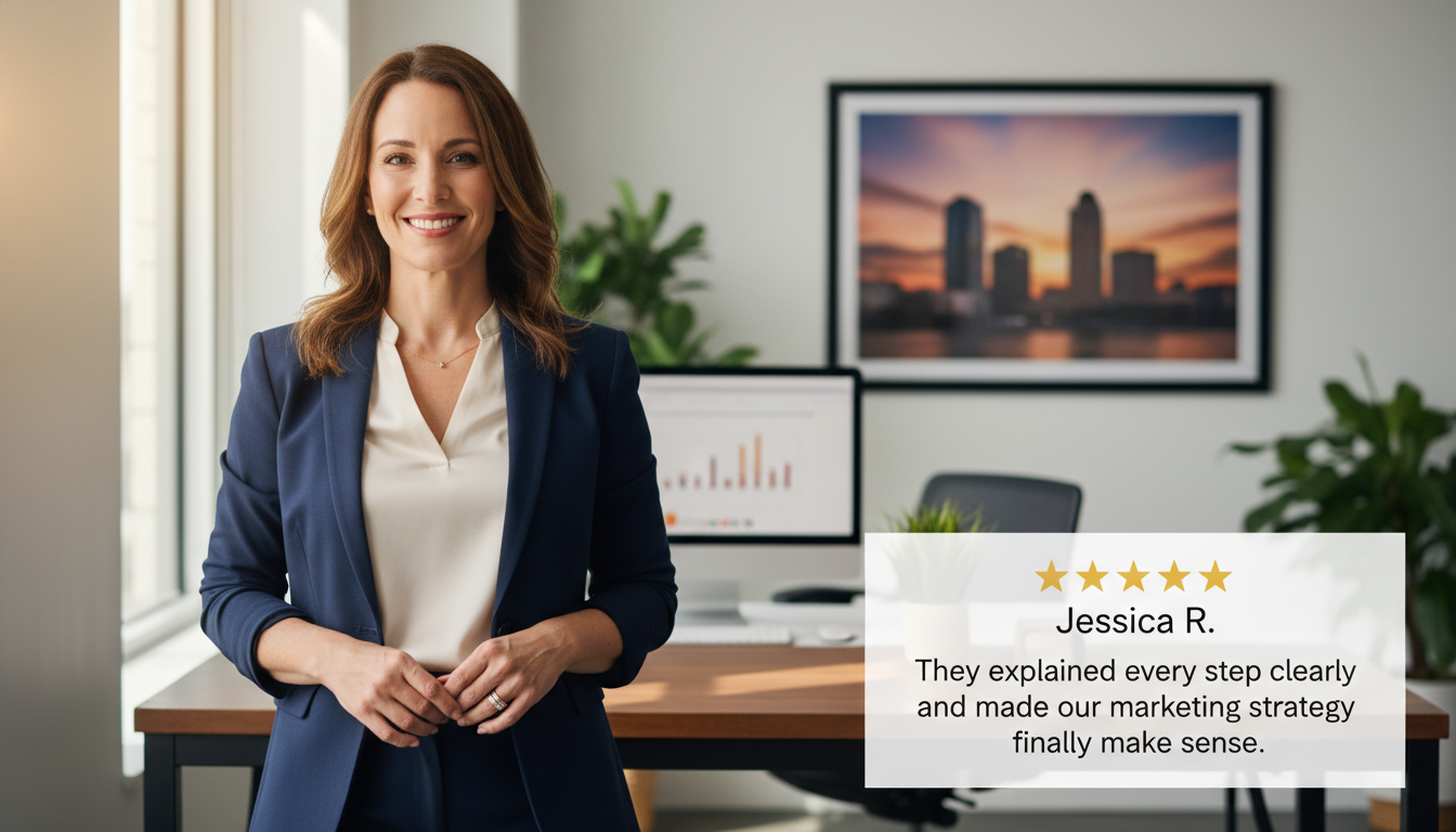 Business owner testimonial with 5-star review praising clear digital marketing strategy in Orlando