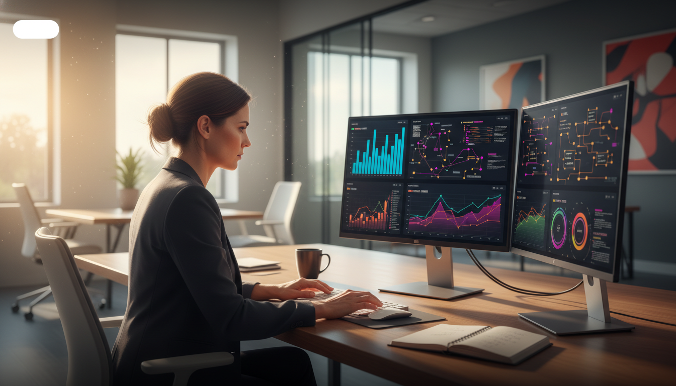 Digital marketing strategist analyzing AI analytics on multiple monitors in modern Syracuse office environment