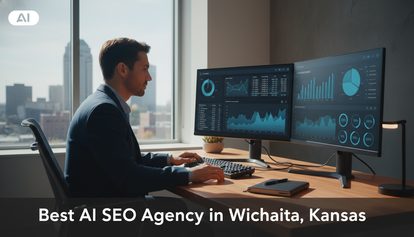 Digital strategist analyzing SEO analytics on dual monitors in modern Wichita office, representing AI SEO services