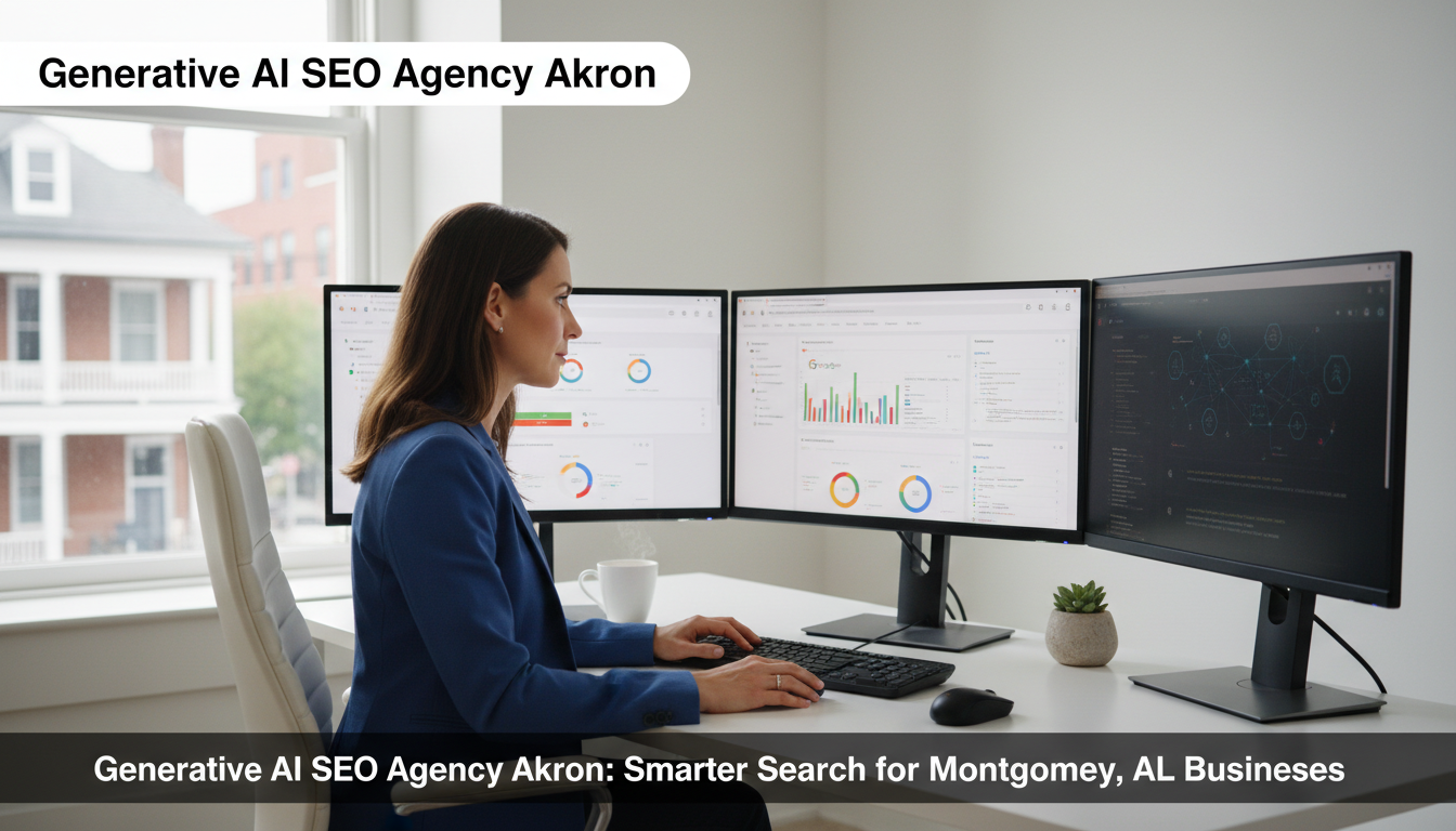 SEO consultant at modern office desk with analytics displays, Akron AI search strategy workspace