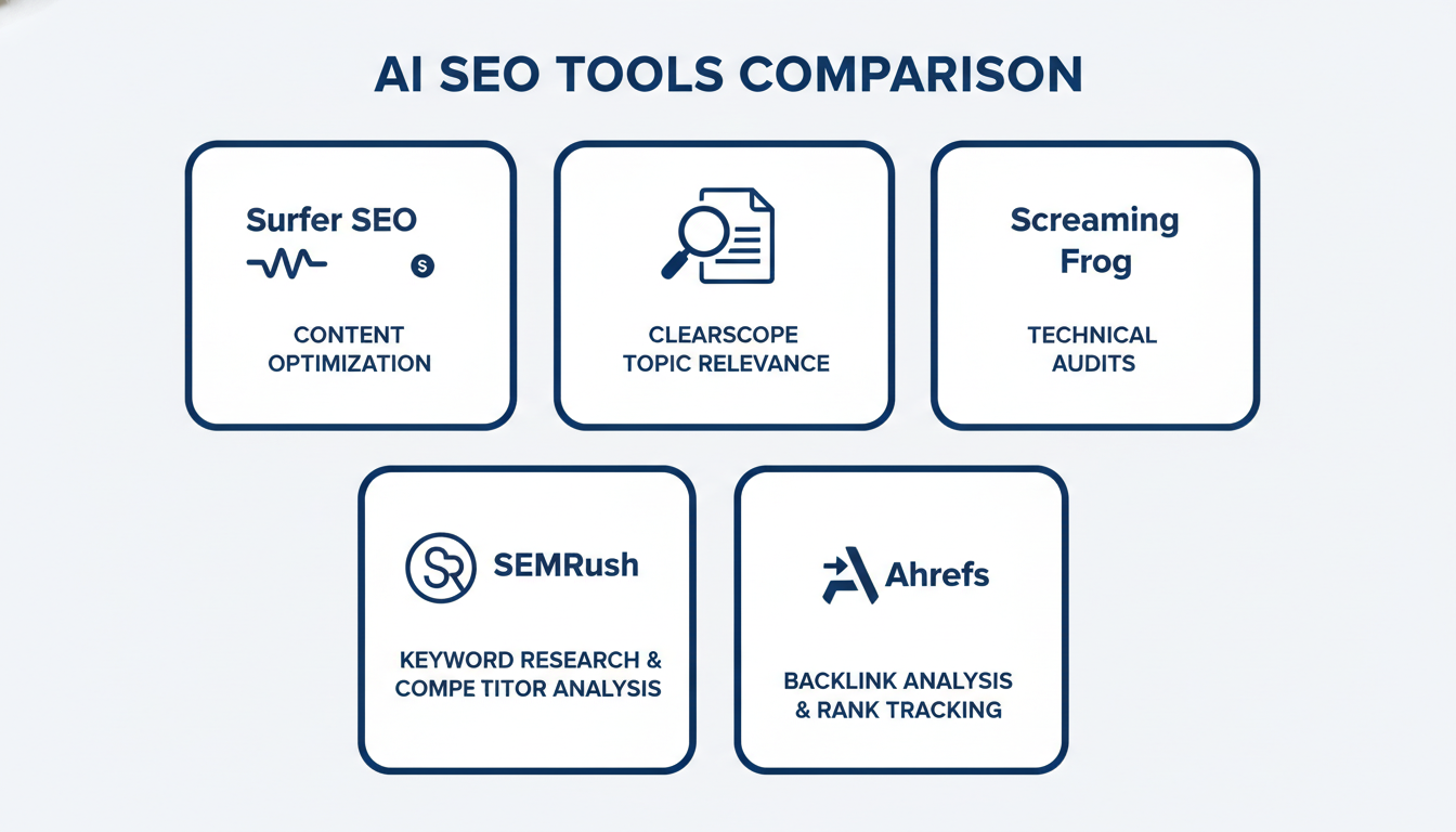 AI SEO tools comparison guide: Surfer SEO, Clearscope, Screaming Frog, SEMrush, Ahrefs