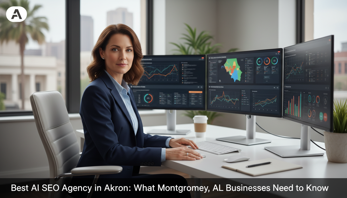 Digital strategist reviewing AI-powered SEO analytics on multiple monitors in modern Akron, OH office