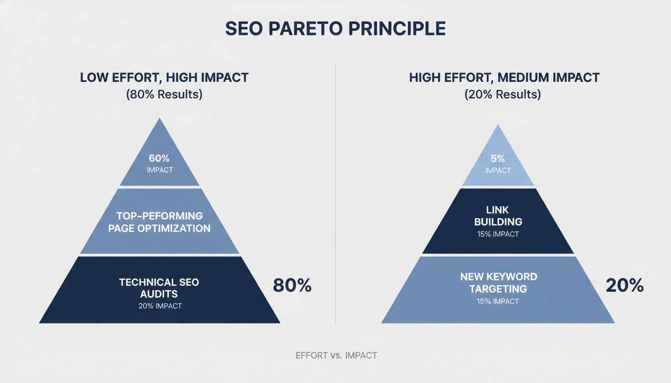 80/20 Pareto Principle diagram: SEO effort vs. impact for Akron, OH businesses