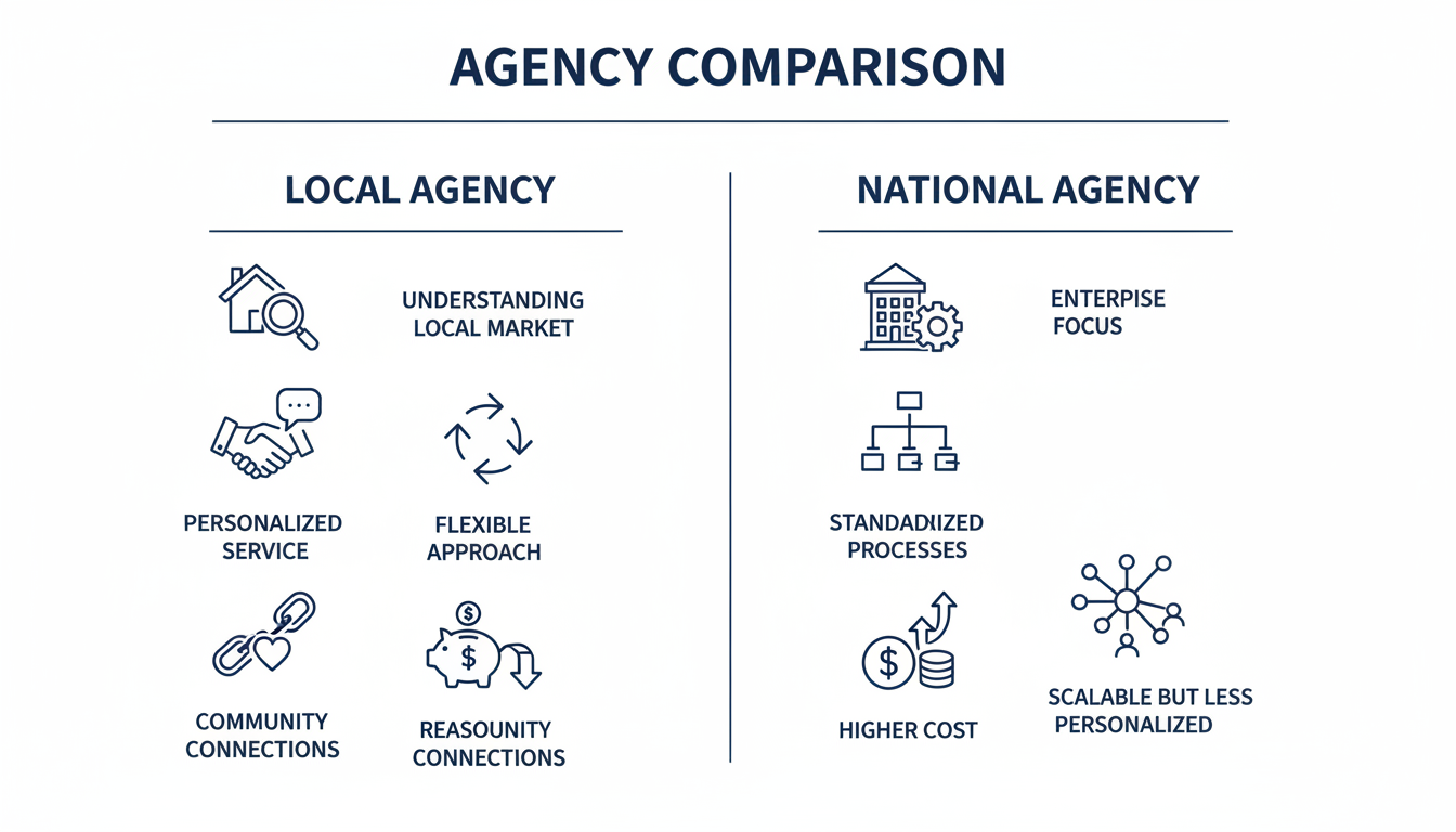 Side-by-side comparison of local agency versus national agency benefits and capabilities Columbus Texas