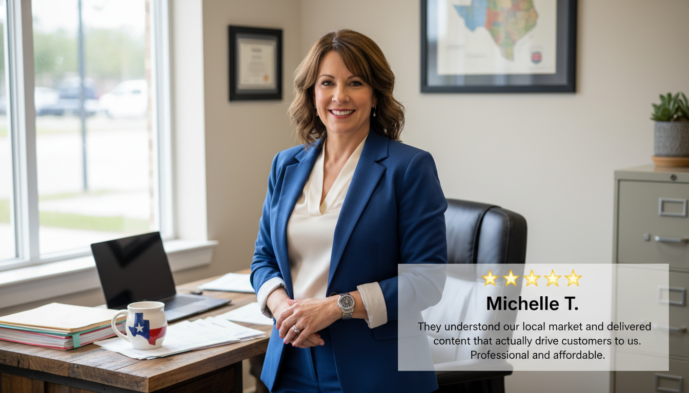 Business owner testimonial with five-star review about AI content marketing results Columbus Texas