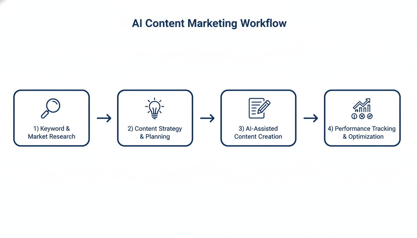 Four-step AI content marketing process flow: research, strategy, creation, optimization and tracking Columbus Texas
