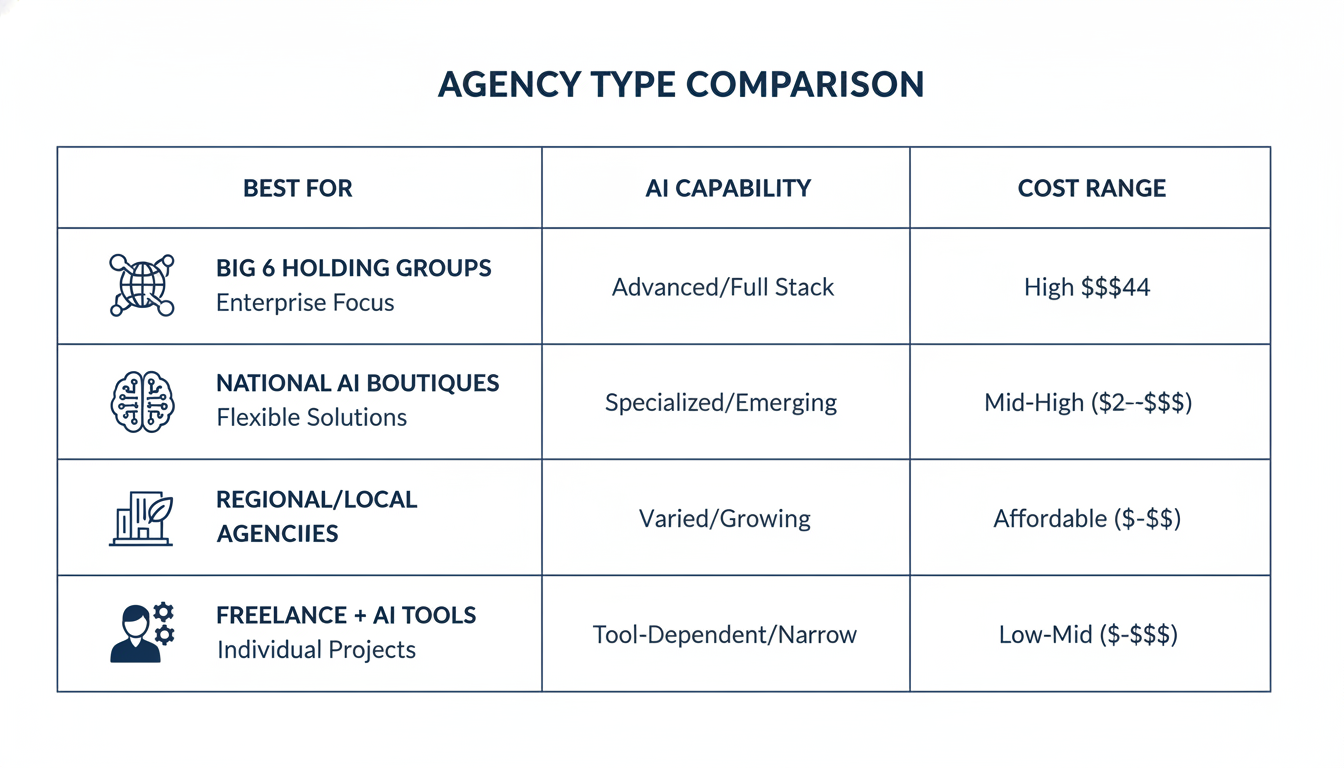 Agency type comparison chart showing Big 6, boutique, regional and freelance options with costs Columbus Texas