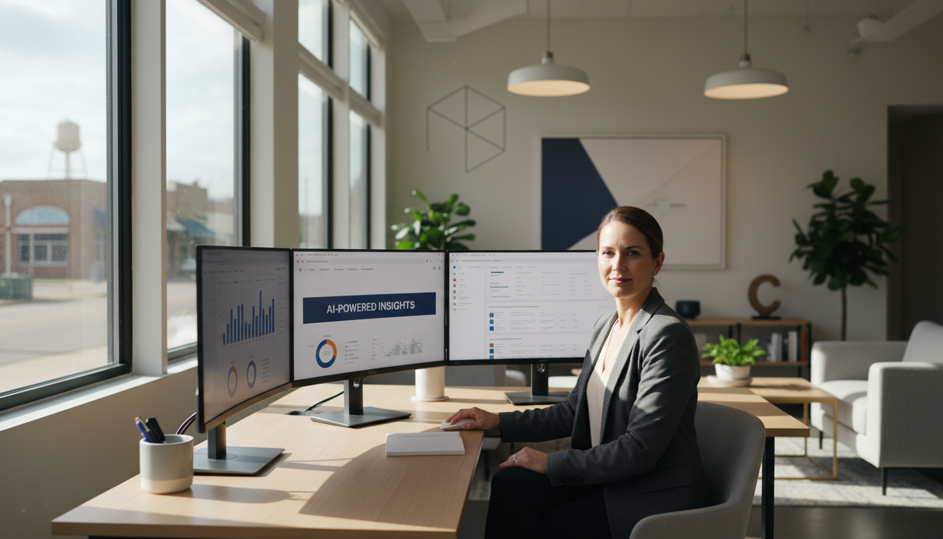 Professional marketer analyzing content strategy at modern office desk with analytics dashboards, AI content marketing Columbus Texas