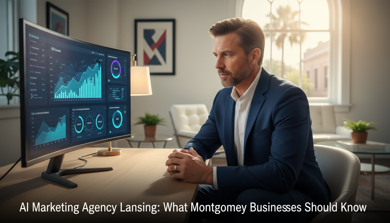 Professional man reviewing analytics dashboard in modern office, Montgomery AI marketing agency services