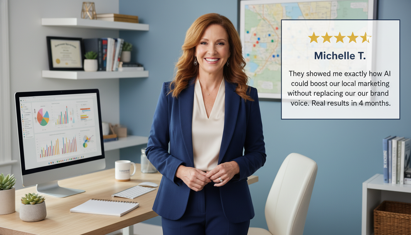 Female business owner testimonial: 5-star review about AI marketing results, Montgomery, AL