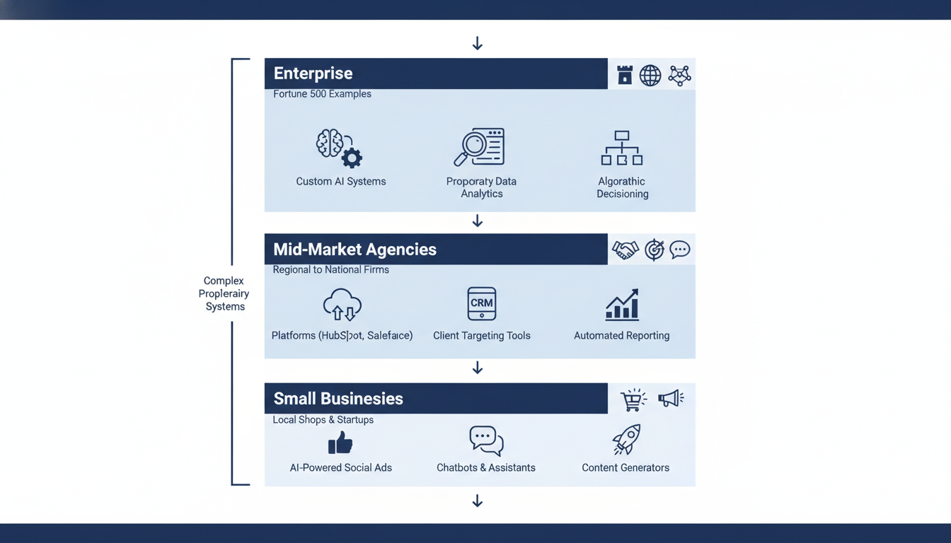 AI adoption tiers diagram: enterprise, mid-market, and small business solutions for marketing