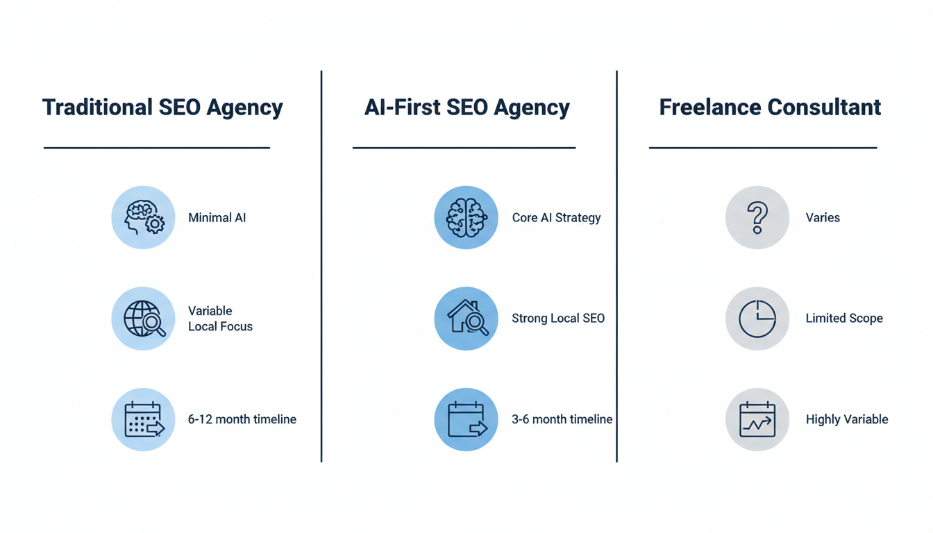 Three-column comparison of agency types including AI integration, local SEO focus, and timelines for Buffalo SEO hiring