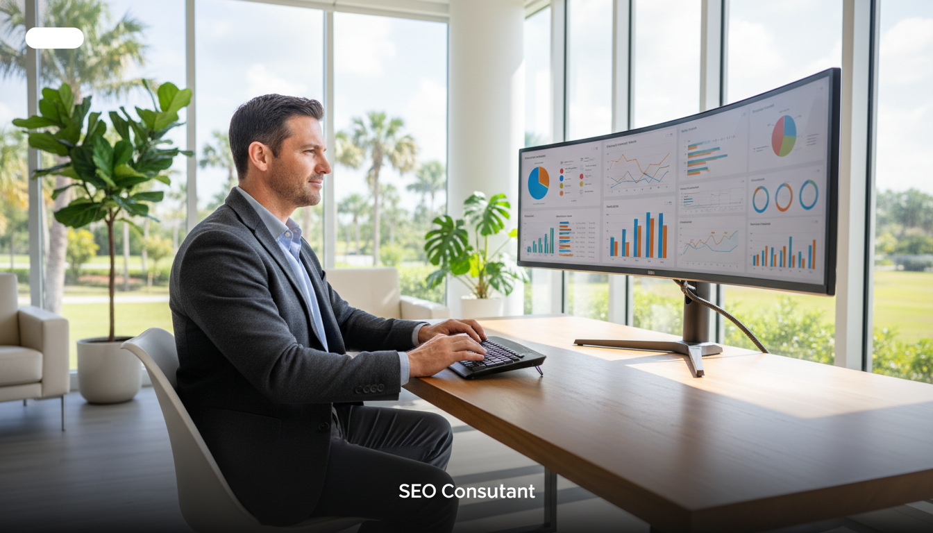 Male SEO consultant analyzing analytics dashboard on monitor in modern Buffalo office, professional attire, confident expression