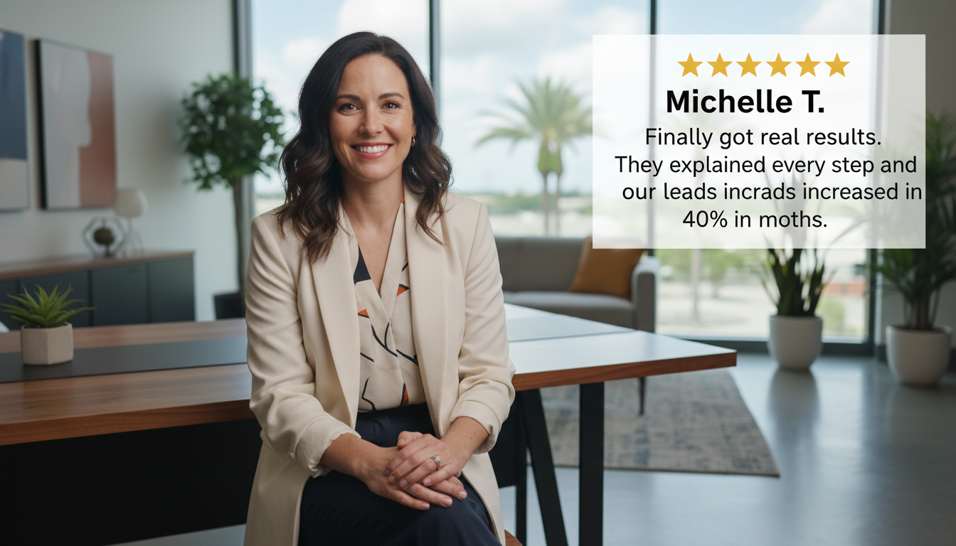 Female business owner in Buffalo office smiling with 5-star testimonial review about 40% lead increase from SEO services