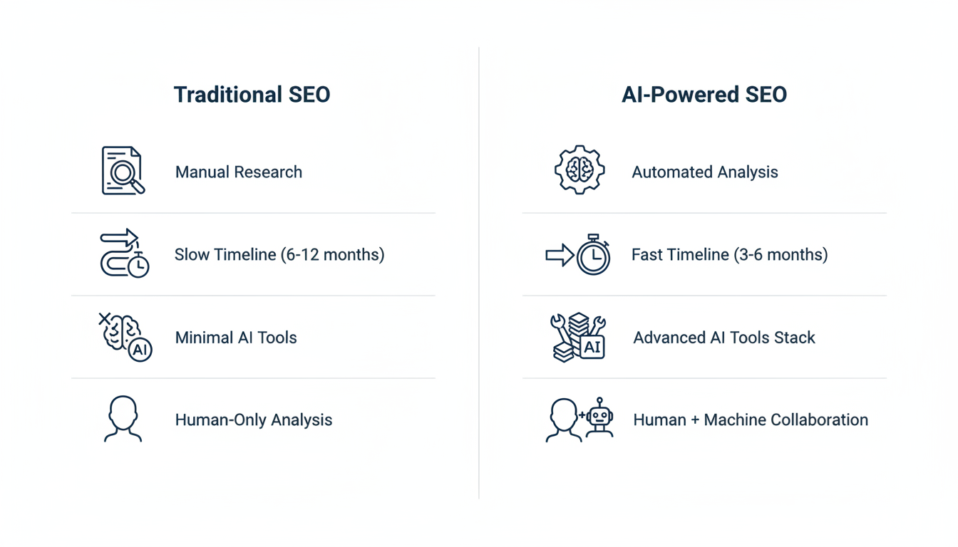 Comparison chart: Traditional SEO vs AI-Powered SEO showing timelines, tools, and AI integration levels for Buffalo SEO services