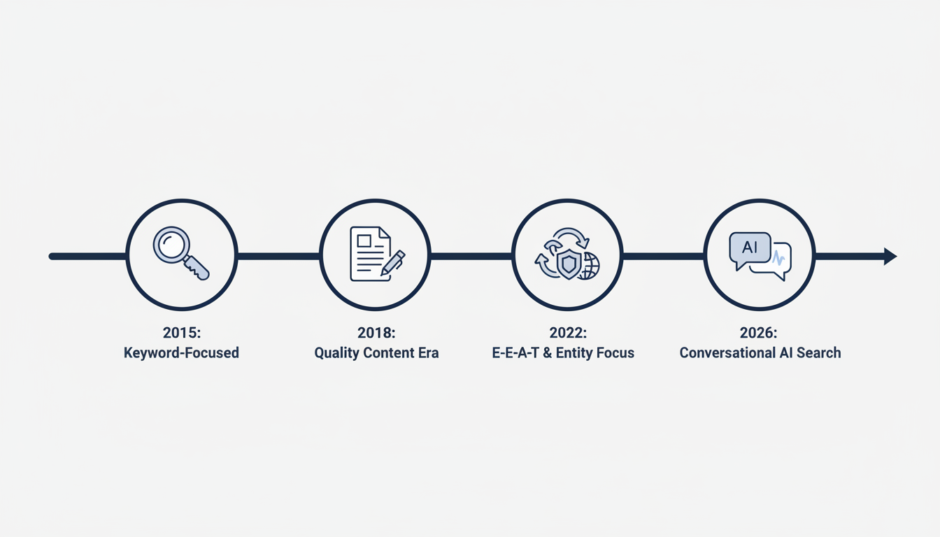 SEO evolution timeline from 2015 to 2026 showing progression from keyword-focused to conversational AI search strategies