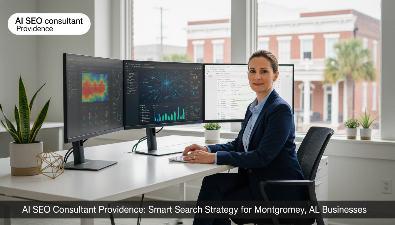 AI SEO consultant reviewing analytics dashboards in modern Providence office workspace