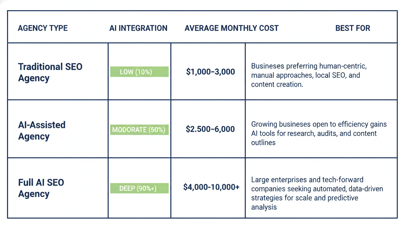 Agency type comparison chart: traditional vs AI-assisted vs full AI SEO: SEO, Montgomery, AL