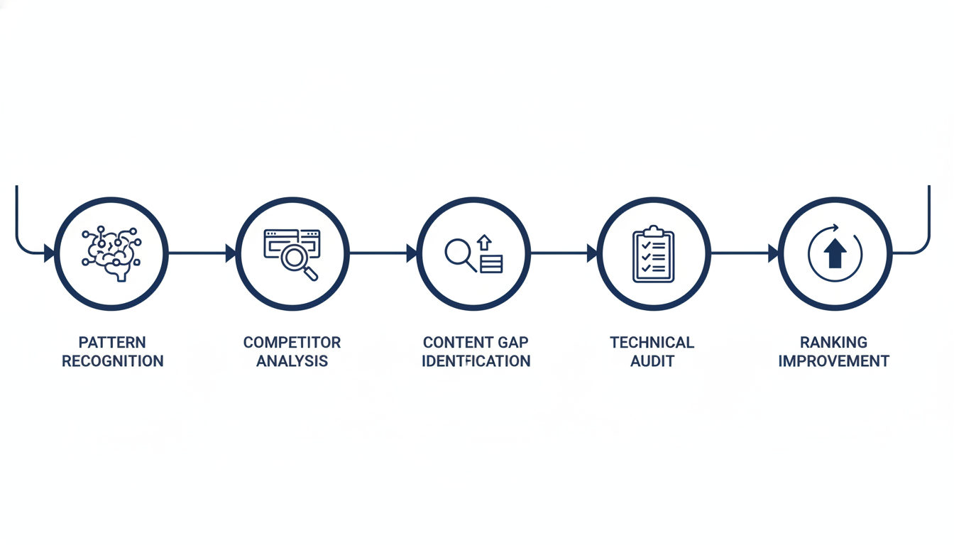 AI SEO workflow process diagram: pattern recognition to ranking improvement: SEO, Montgomery, AL