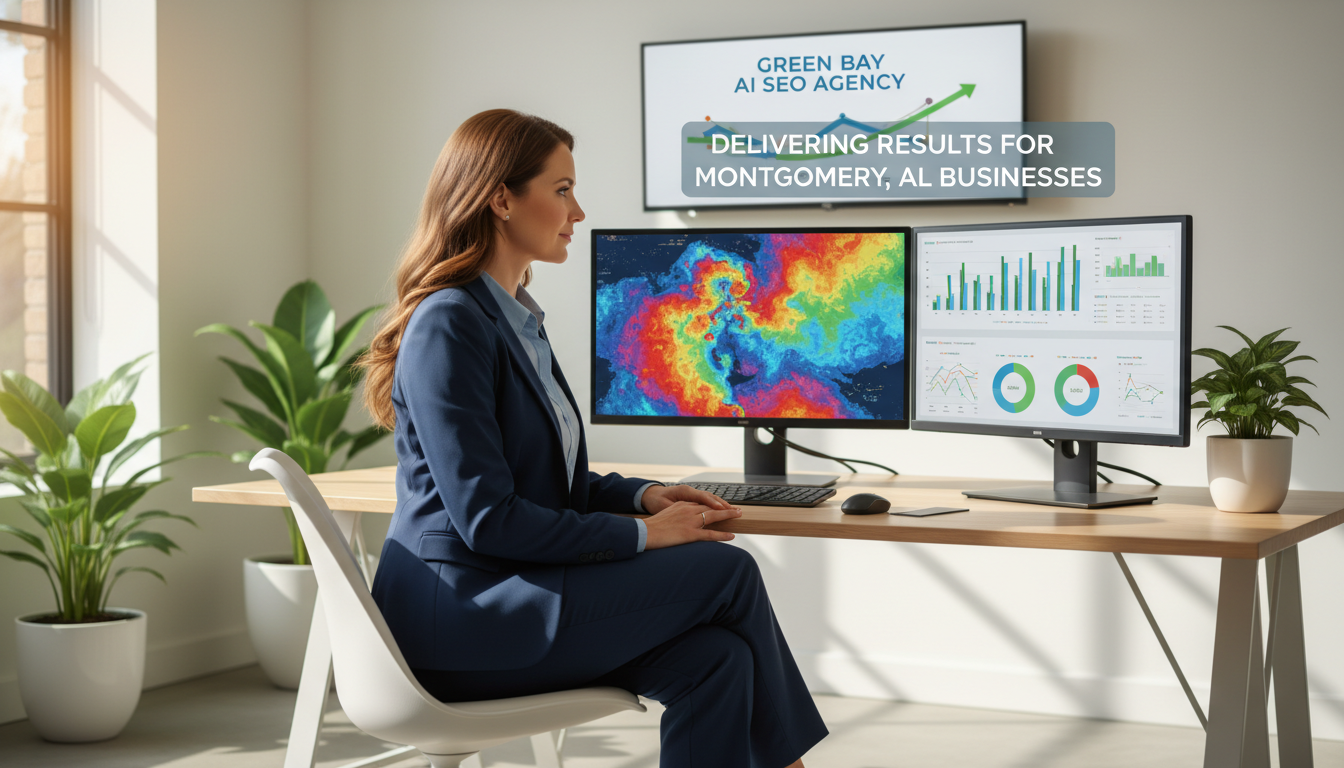 Professional strategist analyzing SEO analytics on dual monitors in modern office: AI SEO agency, Montgomery, AL