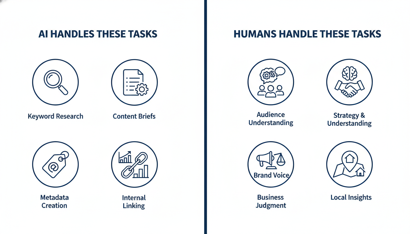 Split comparison: AI tasks vs human tasks in SEO strategy: SEO, Montgomery, AL