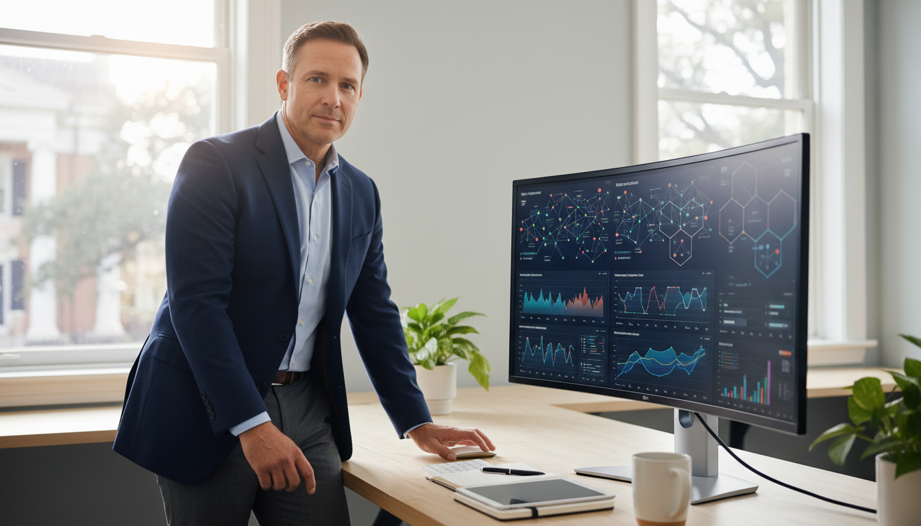 Digital strategist reviewing AI analytics in modern office: Generative AI SEO services for Manchester, NH