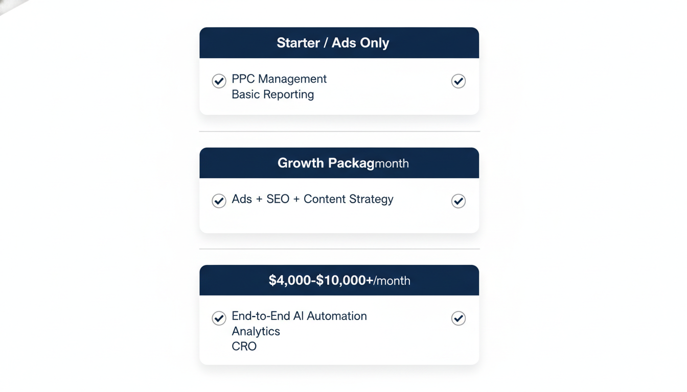 AI digital marketing agency service tier comparison chart: Starter, Growth, Full-Funnel packages