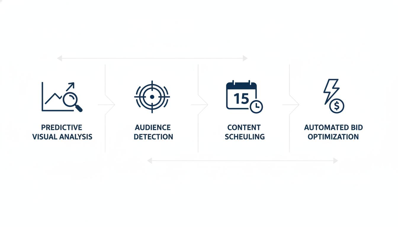 Four key AI marketing capabilities infographic: prediction, audience detection, scheduling, optimization