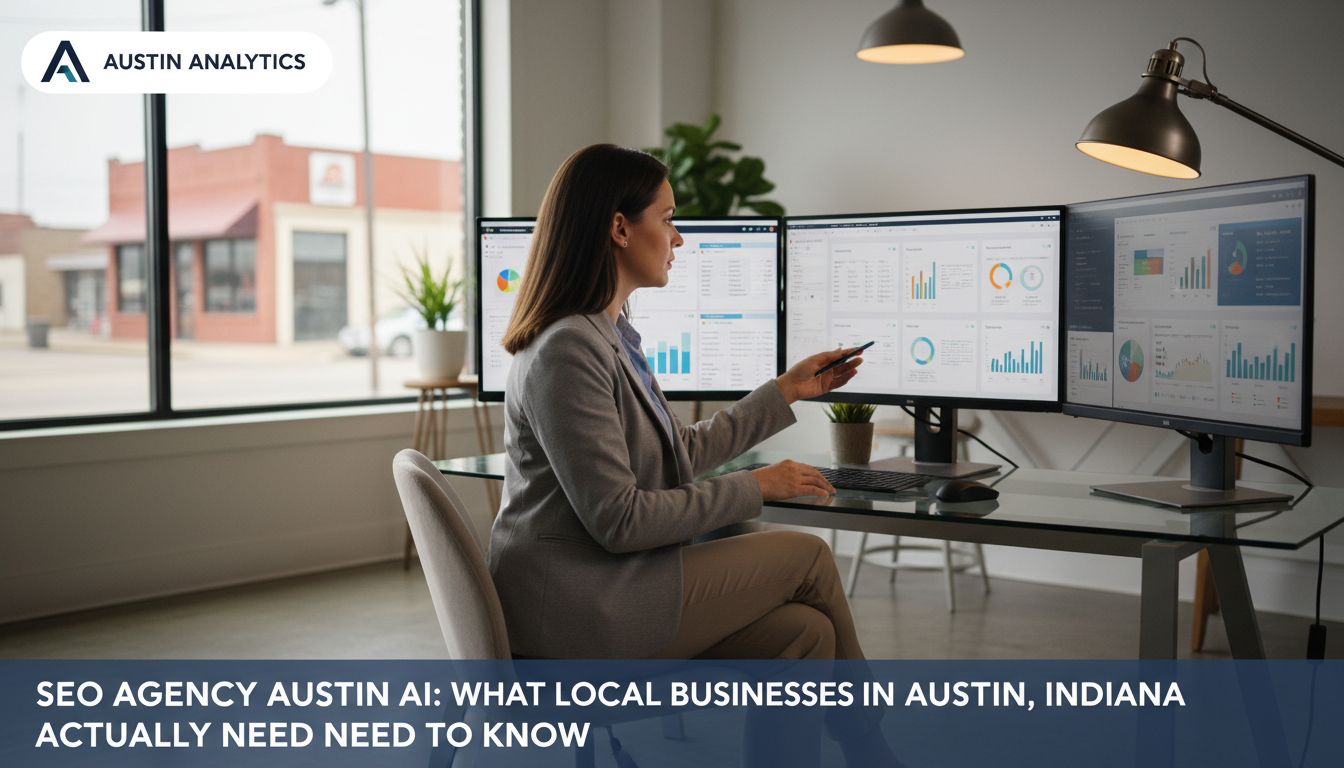 SEO consultant reviewing analytics dashboards in modern Austin office, SEO Hybrid service, Austin Indiana
