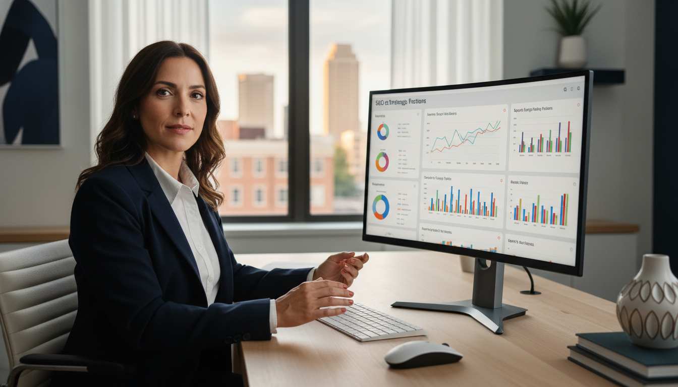 Business owner reviewing AI SEO analytics dashboard in modern Baton Rouge office setting