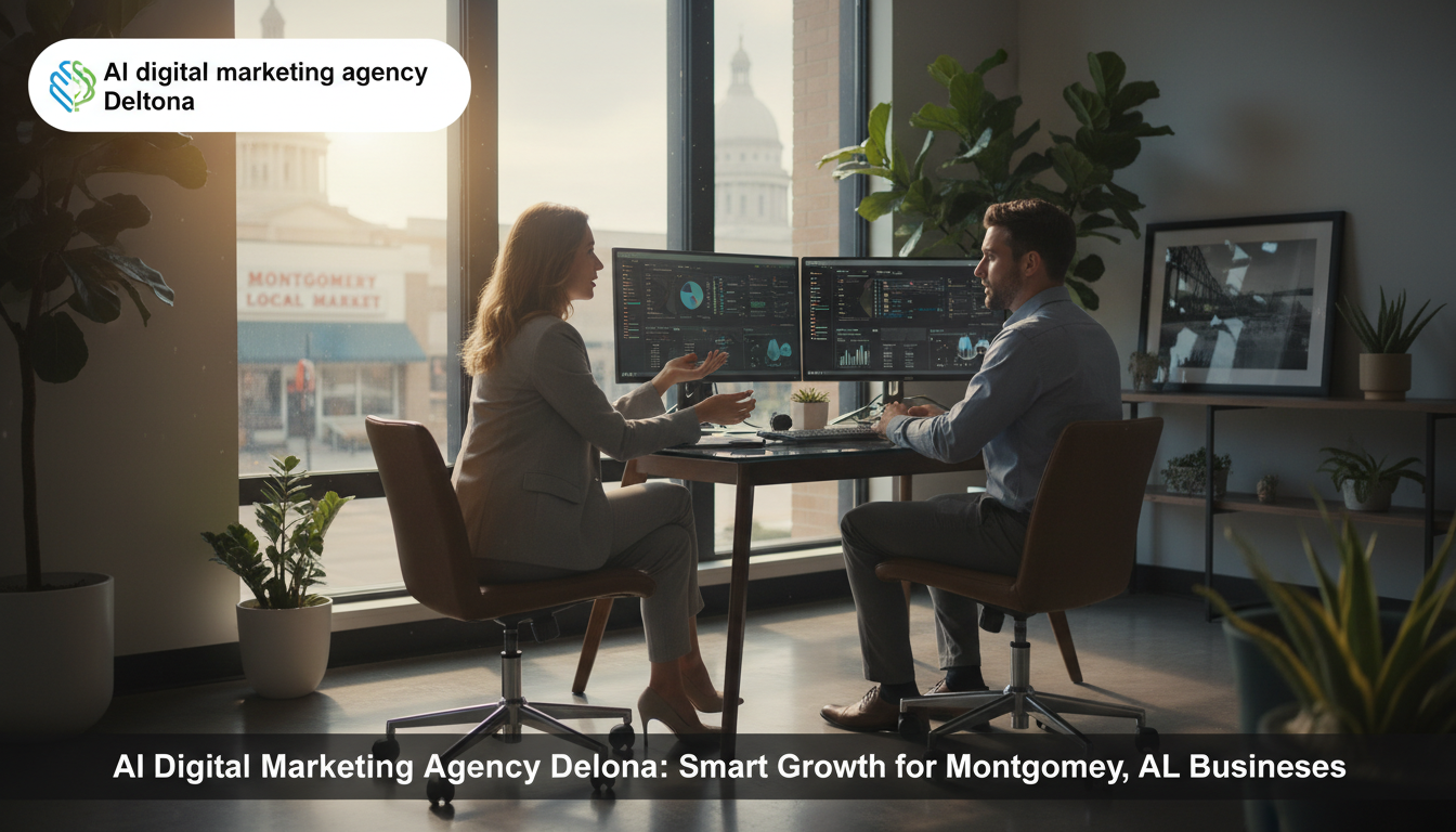 Marketing strategist and client reviewing analytics dashboard in Deltona office: AI Digital Marketing Agency Deltona