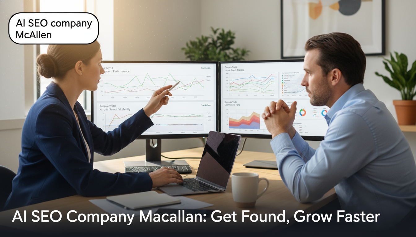 Digital marketing consultant reviewing AI SEO analytics with business owner at modern office workstation in McAllen, Texas