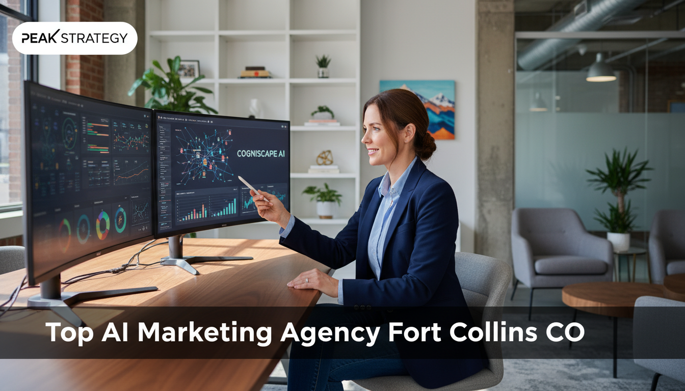 Marketing strategist analyzing AI campaign analytics on multiple monitors in modern Fort Collins office