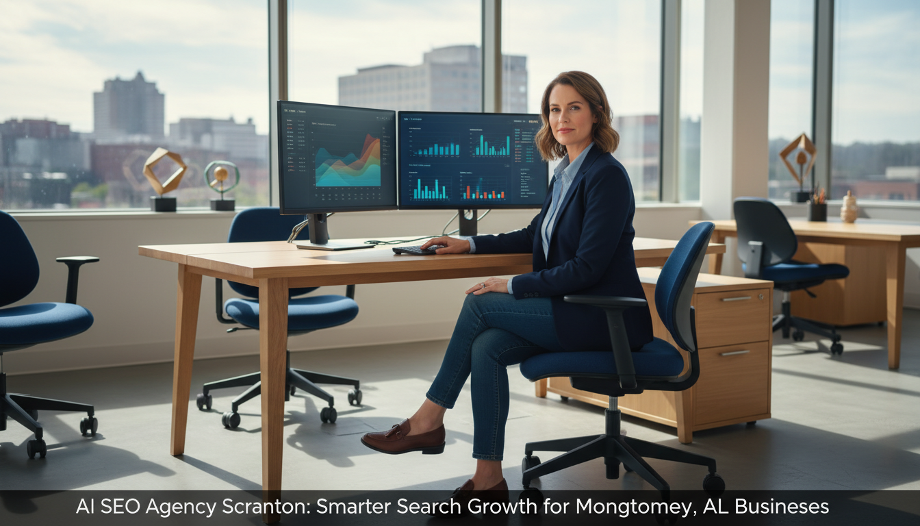 Digital strategist working at modern office workstation with analytics displays, AI SEO agency in Scranton