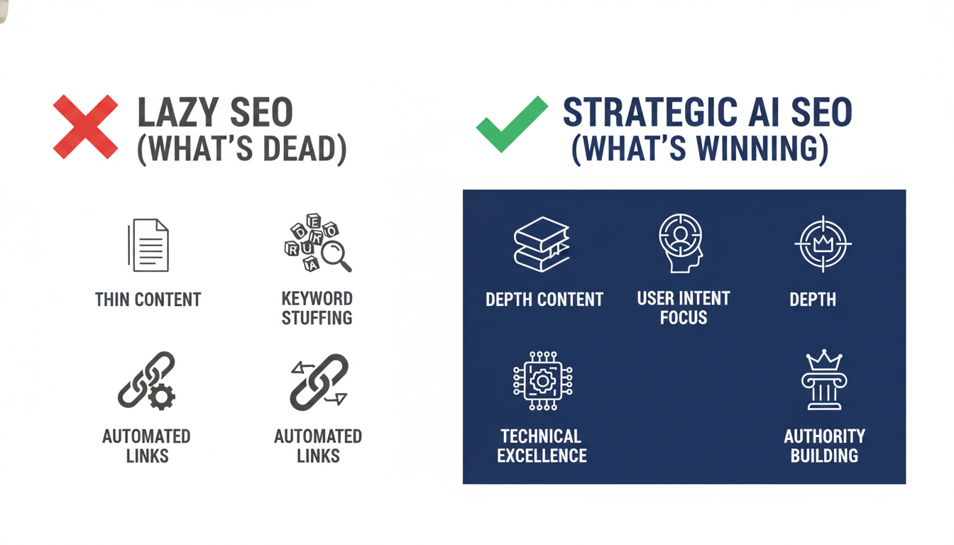Comparison diagram showing lazy SEO vs strategic AI SEO approaches for Montgomery, AL businesses