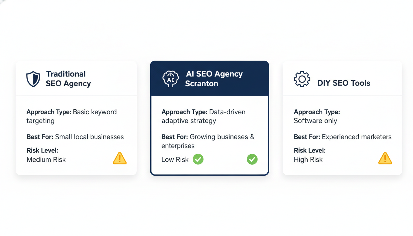 Three agency type comparison: traditional, AI SEO agency Scranton, and DIY tools for Montgomery SEO