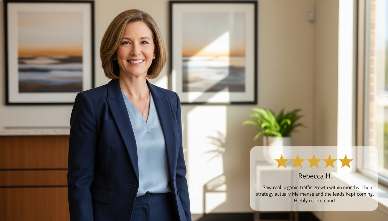 Professional woman with 5-star review overlay: 'Real organic traffic growth and quality leads from AI SEO agency'