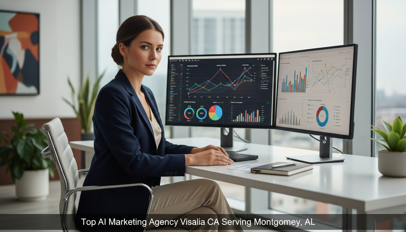 Professional female strategist working at dual monitors in modern office with analytics dashboards for AI marketing services in Visalia, CA