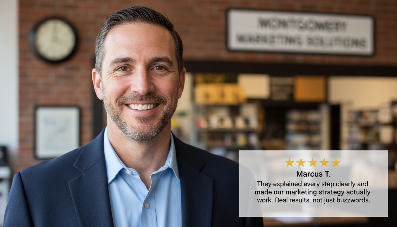 Male business owner testimonial with 5-star review praising AI marketing results and clear strategy in Montgomery, AL